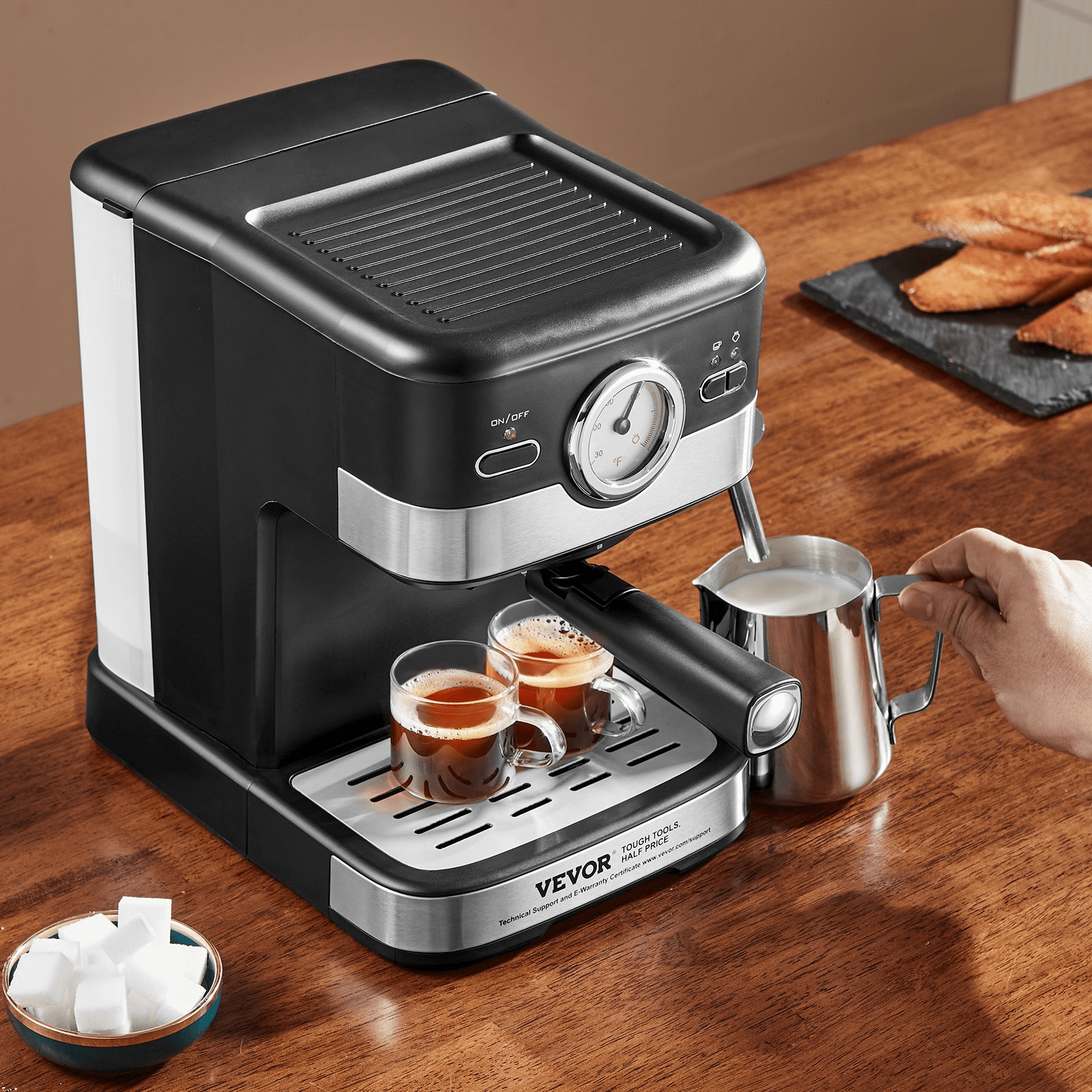 VEVOR Espresso Machine with milk frother, showcasing its sleek design and user-friendly features.