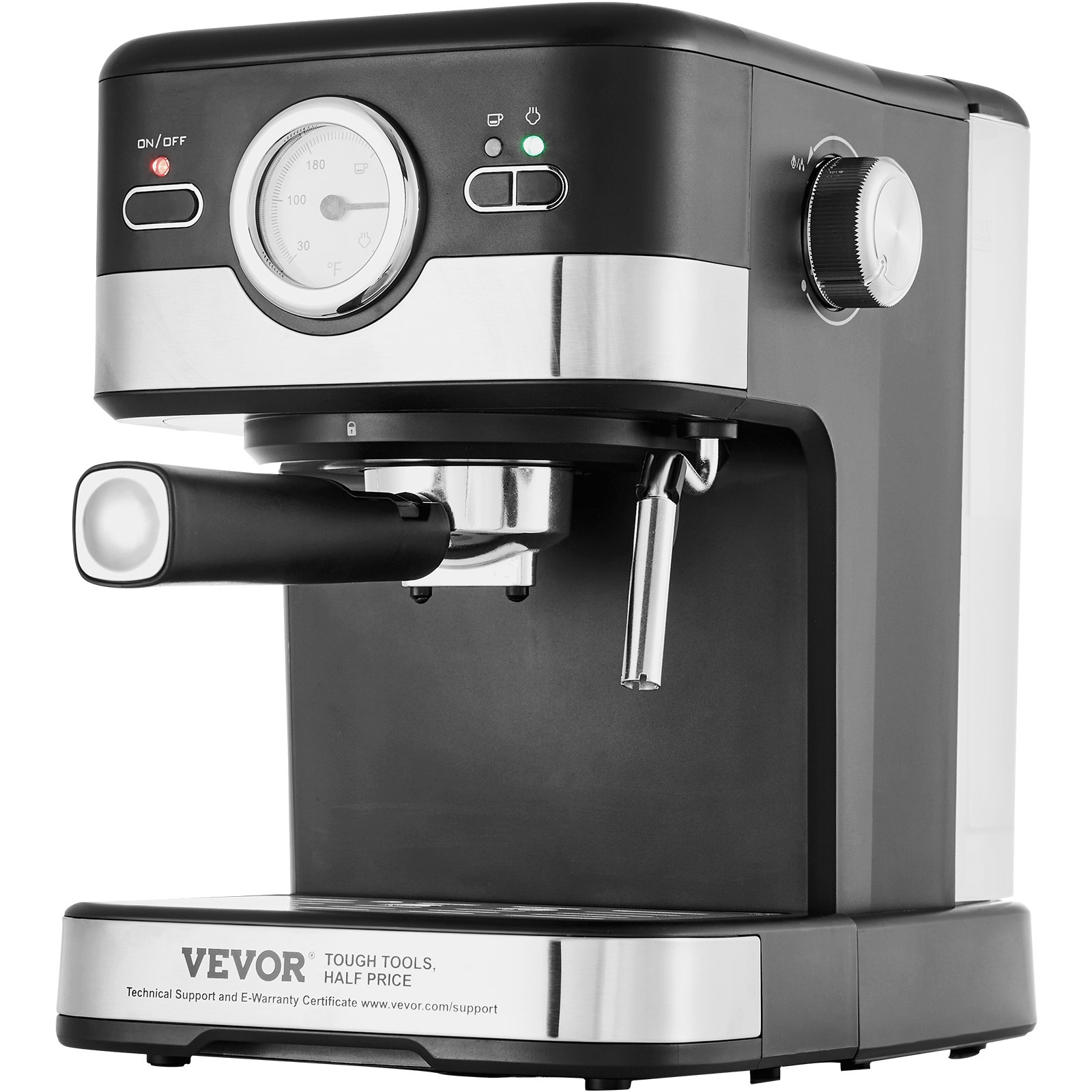 VEVOR Espresso Machine with milk frother, showcasing its sleek design and user-friendly features.