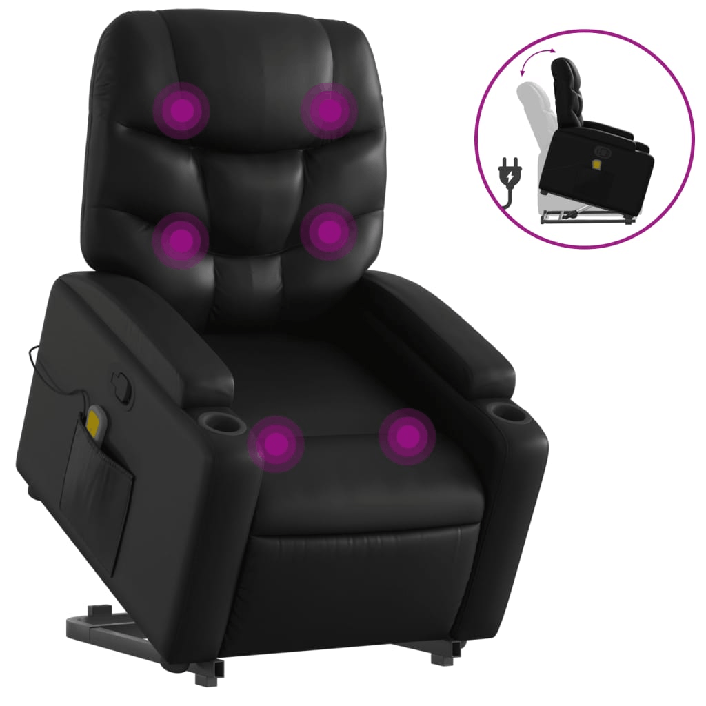 vidaXL Stand up Massage Recliner Chair in black faux leather, featuring a power lift function, manual reclining, and a comfortable padded design.