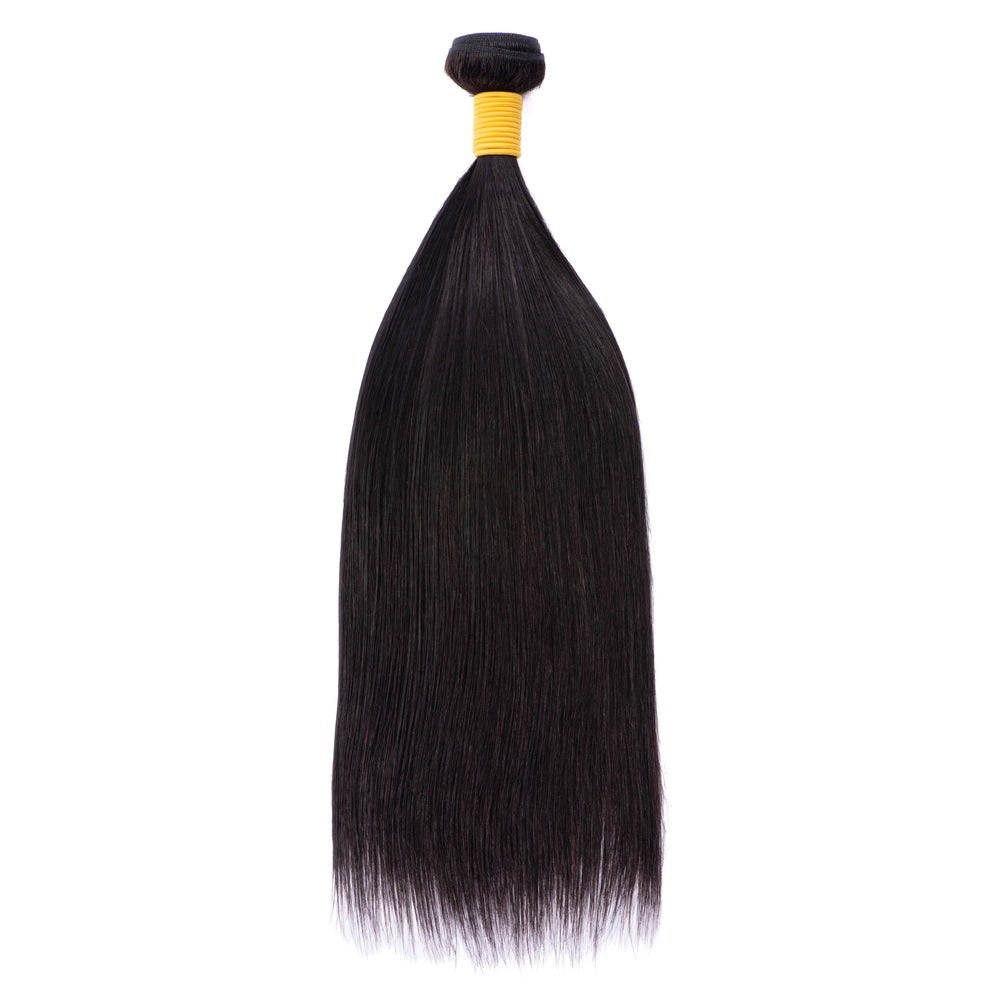 Virgin Remy Hair Straight Bundles in natural black color, showcasing silky texture and double machine weft construction.