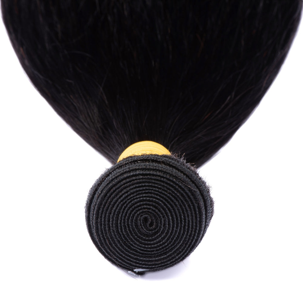 Virgin Remy Hair Straight Bundles in natural black color, showcasing silky texture and double machine weft construction.