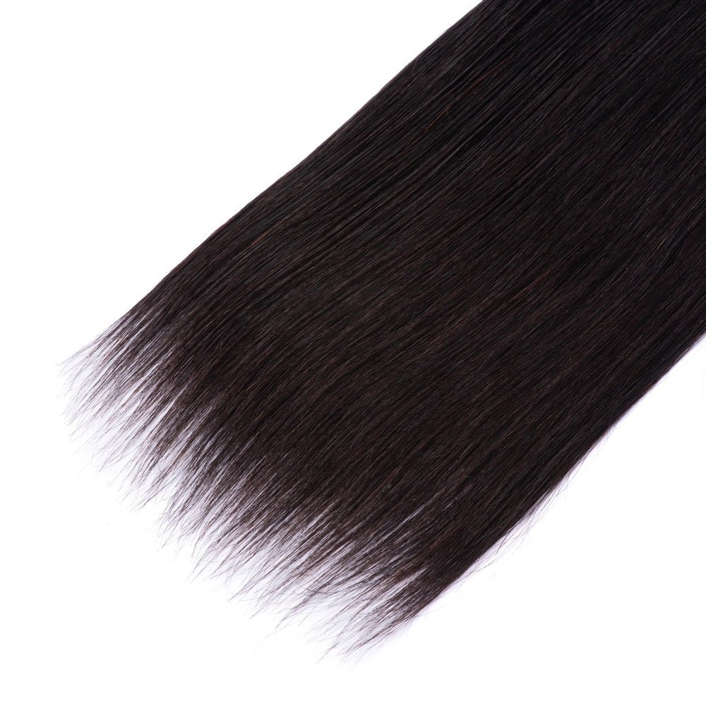 Virgin Remy Hair Straight Bundles in natural black color, showcasing silky texture and double machine weft construction.