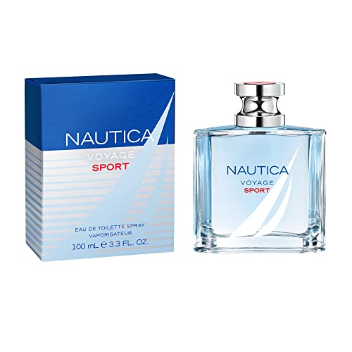 Nautica Voyage Sport Eau de Toilette bottle with a sporty design, showcasing its refreshing aquatic fragrance.