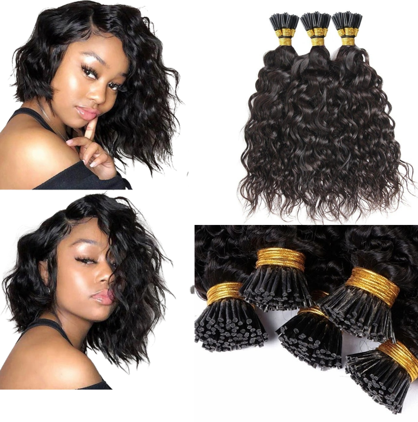 Water Wave Human Hair i Tip Microlinks Bulk Braiding Bundle showcasing natural black color and water wave texture, ideal for braiding.