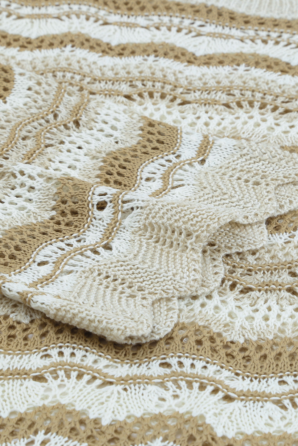 Wavy Stripe Scalloped Edge Pointelle Knit Sweater featuring a stylish design with flare long sleeves and scalloped edges, perfect for summer nights.