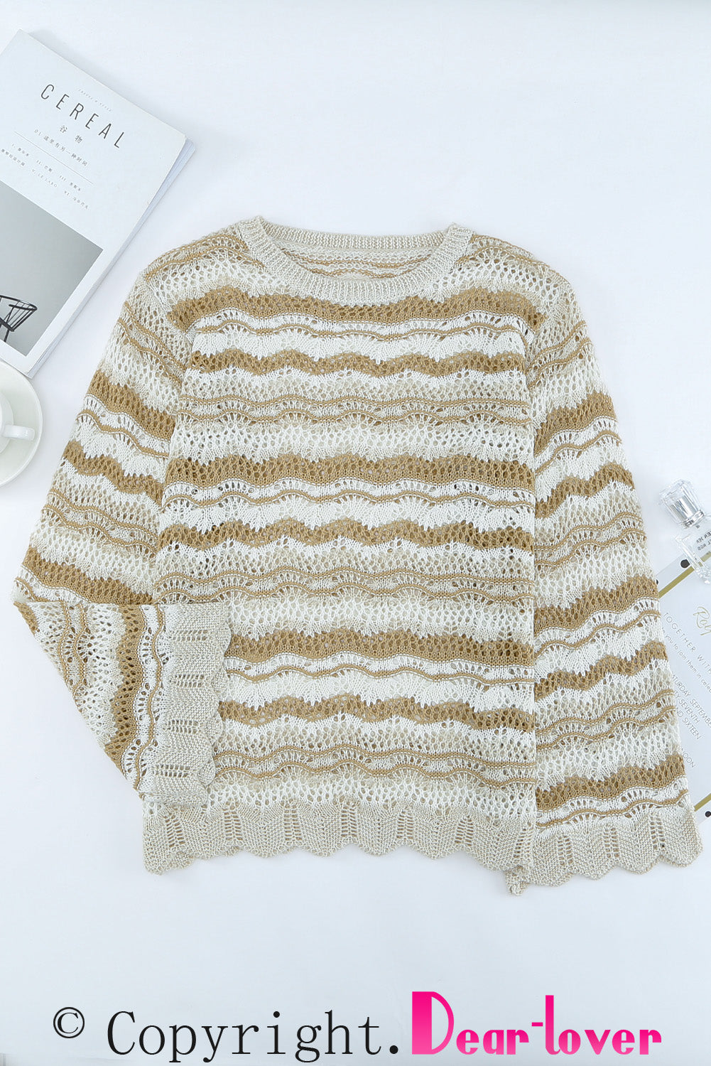 Wavy Stripe Scalloped Edge Pointelle Knit Sweater featuring a stylish design with flare long sleeves and scalloped edges, perfect for summer nights.