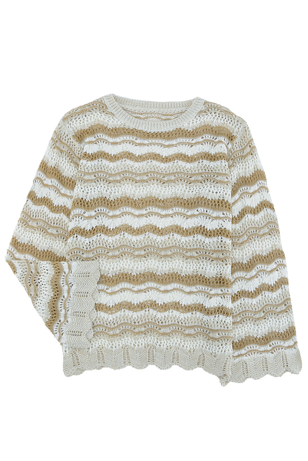 Wavy Stripe Scalloped Edge Pointelle Knit Sweater featuring a stylish design with flare long sleeves and scalloped edges, perfect for summer nights.