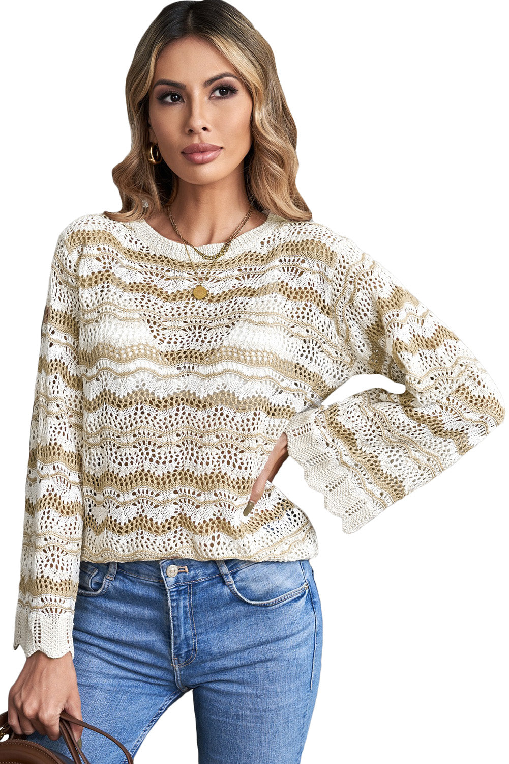 Wavy Stripe Scalloped Edge Pointelle Knit Sweater featuring a stylish design with flare long sleeves and scalloped edges, perfect for summer nights.