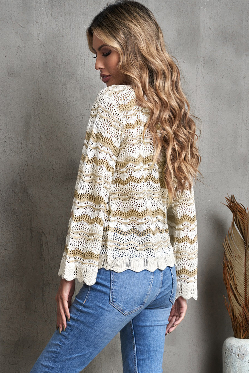 Wavy Stripe Scalloped Edge Pointelle Knit Sweater featuring a stylish design with flare long sleeves and scalloped edges, perfect for summer nights.