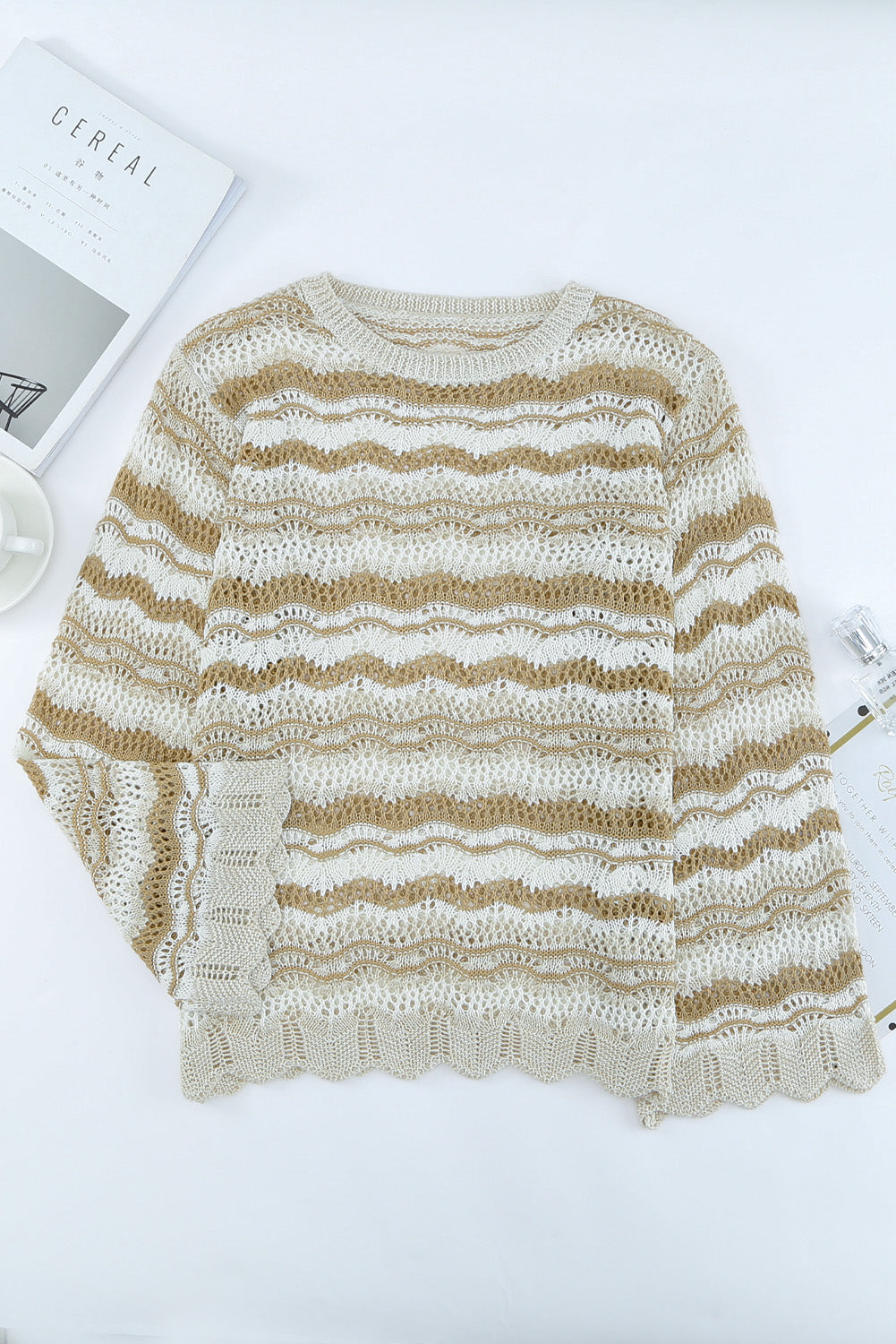 Wavy Stripe Scalloped Edge Pointelle Knit Sweater featuring a stylish design with flare long sleeves and scalloped edges, perfect for summer nights.
