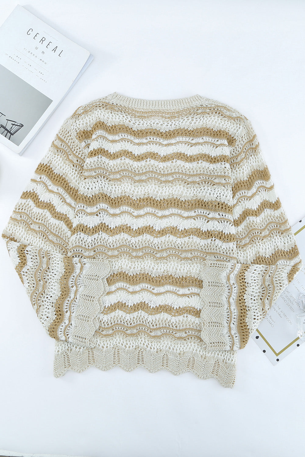 Wavy Stripe Scalloped Edge Pointelle Knit Sweater featuring a stylish design with flare long sleeves and scalloped edges, perfect for summer nights.
