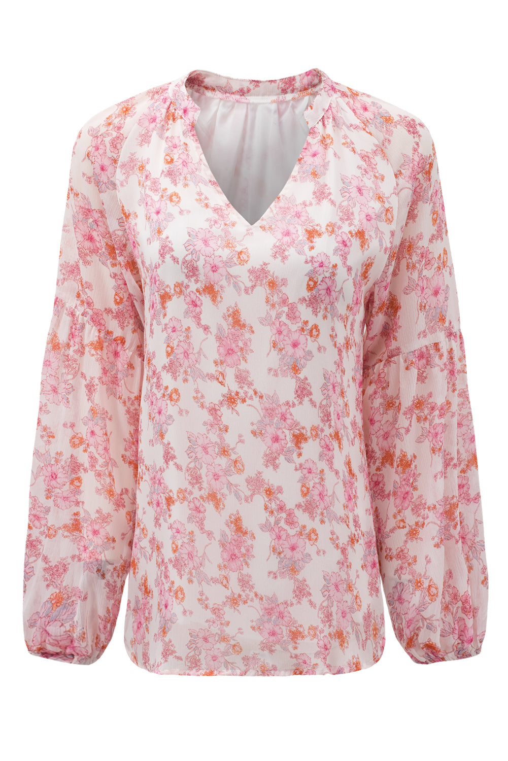 A stylish white top featuring a floral print, V-neckline, and long puff sleeves, perfect for casual and formal occasions.