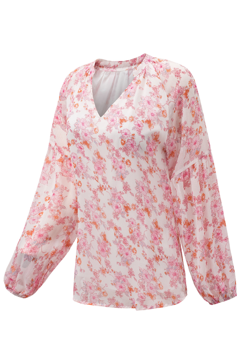 A stylish white top featuring a floral print, V-neckline, and long puff sleeves, perfect for casual and formal occasions.
