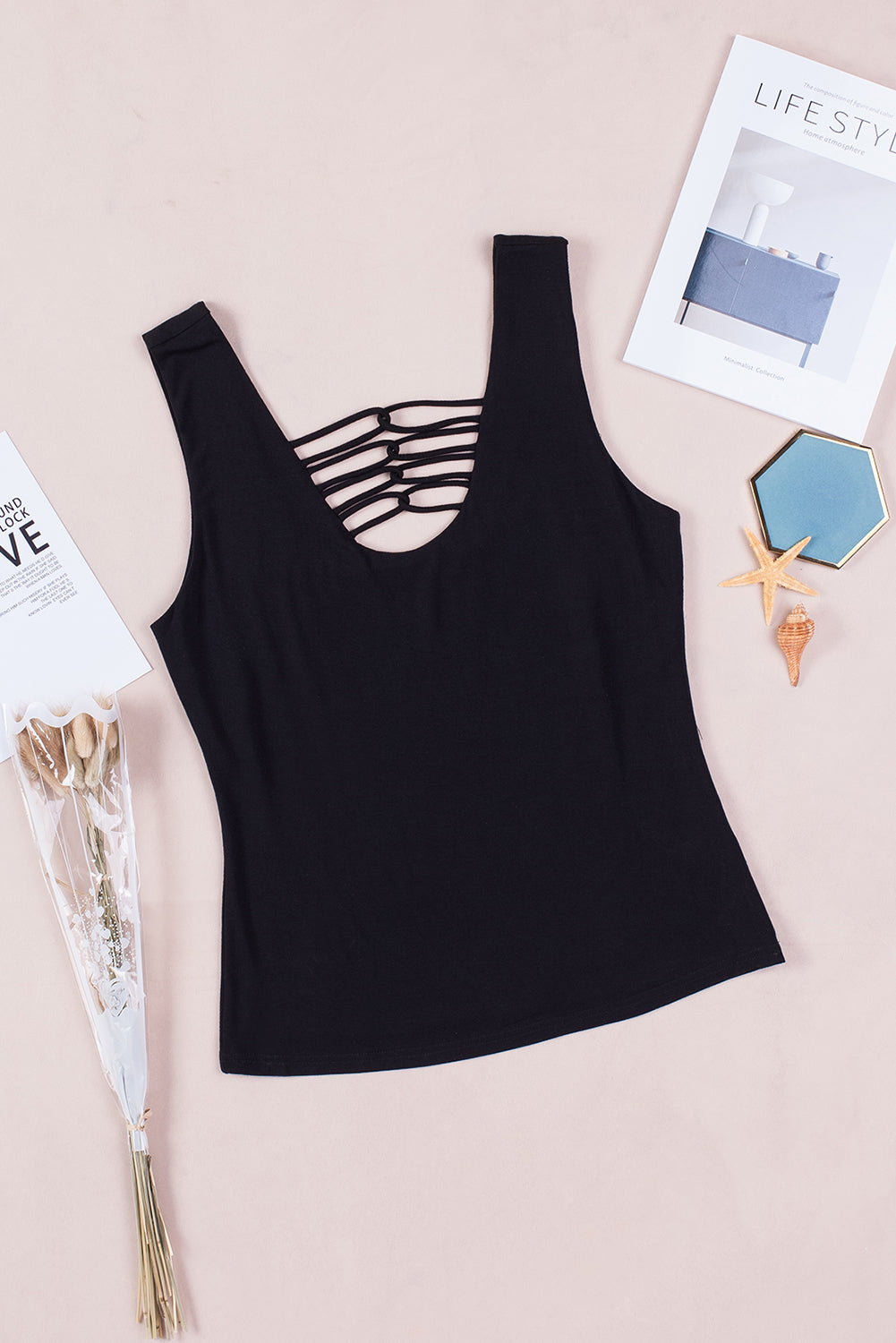 White lace-up hollow-out neck solid tank top showcasing a stylish design with a deep U-neck and sleeveless cut.