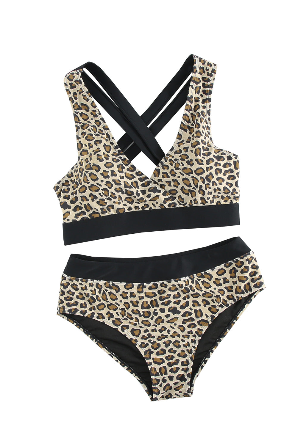 White leopard print criss cross bikini set featuring a deep V neckline and criss-cross back design, perfect for summer beach outings.