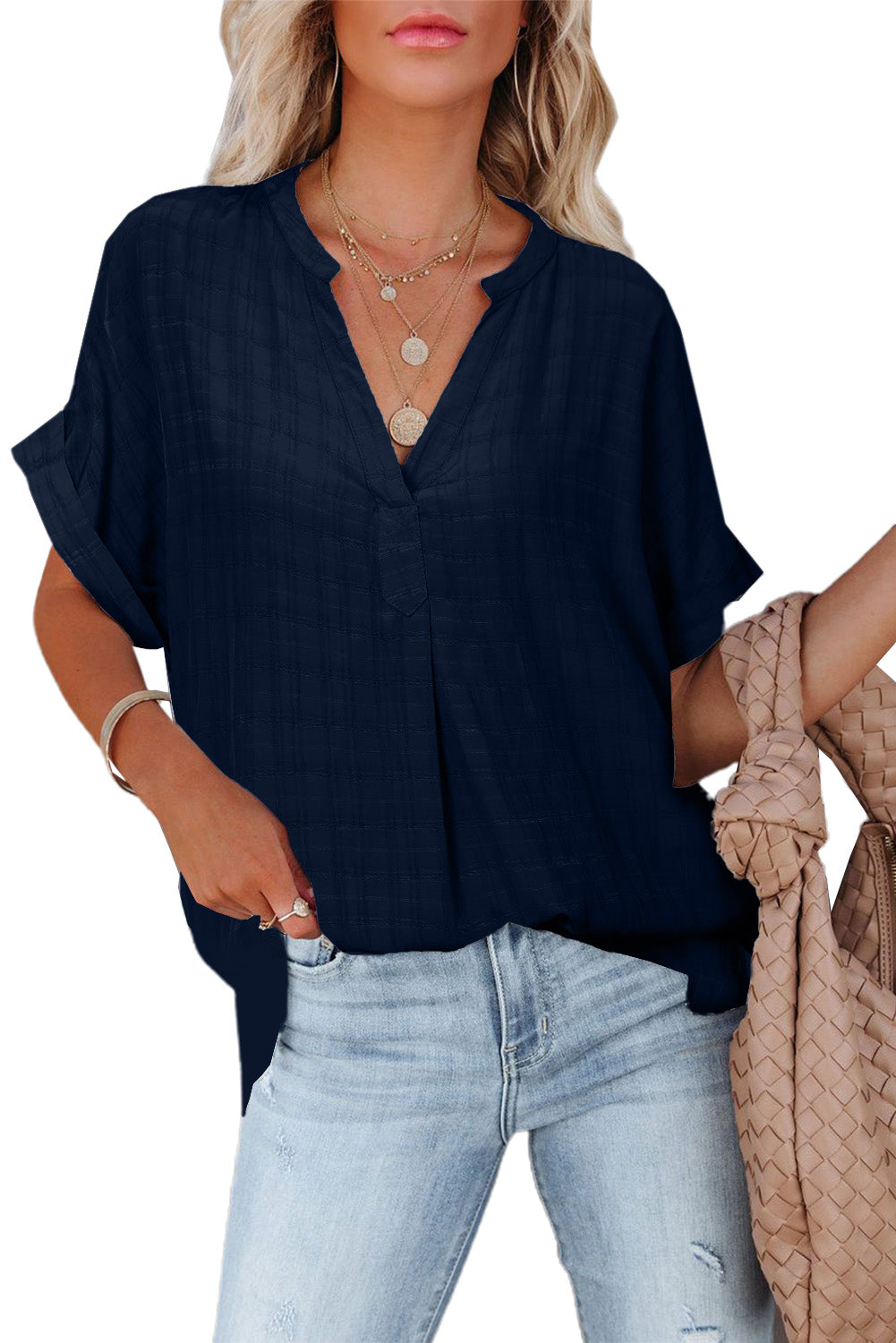 A stylish white plaid print loose V neck short sleeve shirt with slits, showcasing its trendy design and comfortable fit.