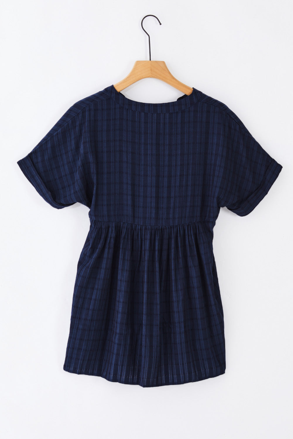 A stylish white plaid print loose V neck short sleeve shirt with slits, showcasing its trendy design and comfortable fit.