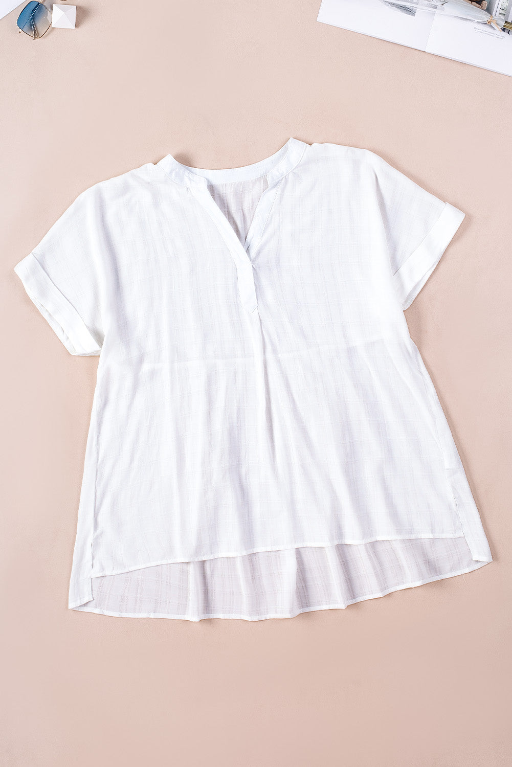 A stylish white plaid print loose V neck short sleeve shirt with slits, showcasing its trendy design and comfortable fit.