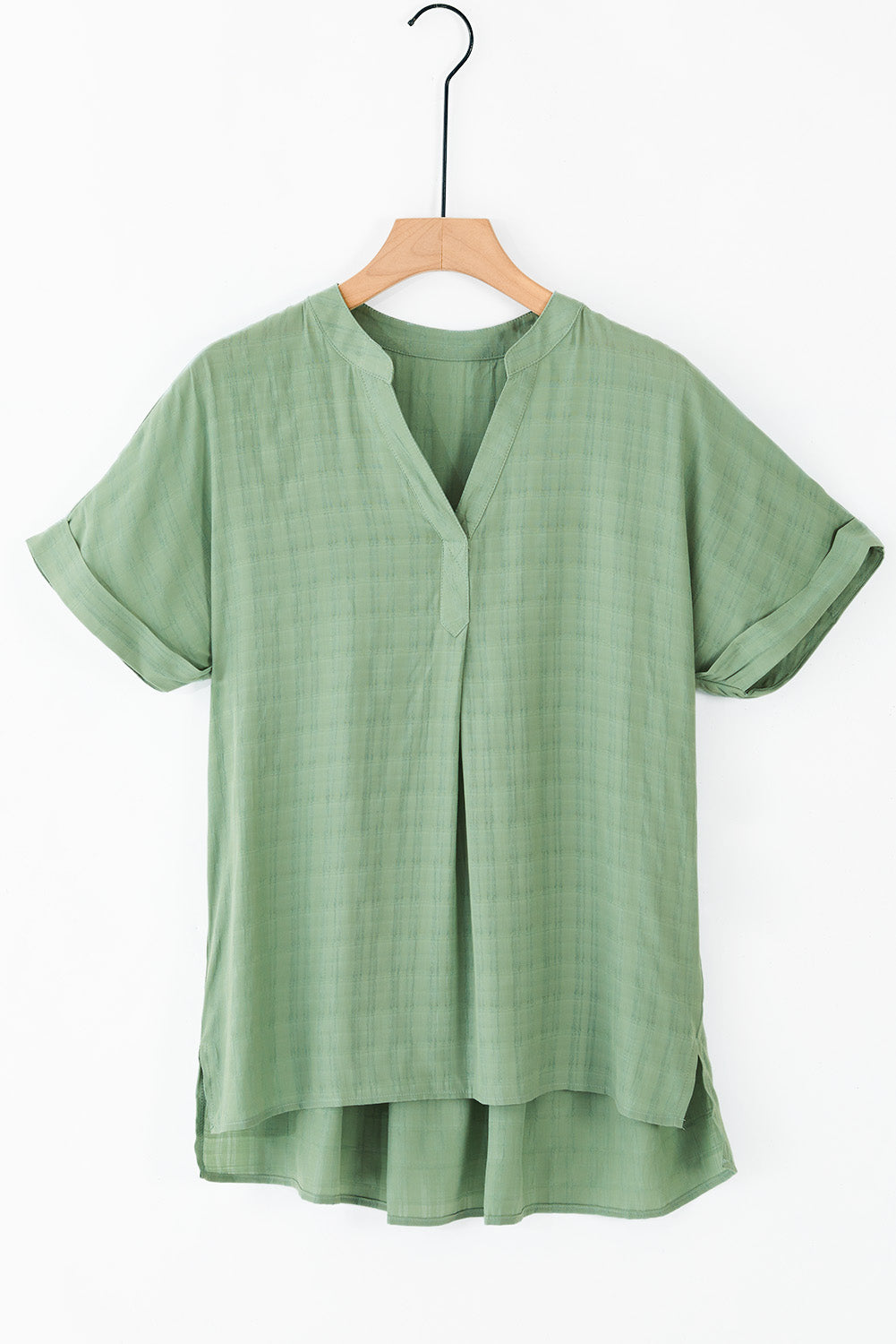 A stylish white plaid print loose V neck short sleeve shirt with slits, showcasing its trendy design and comfortable fit.