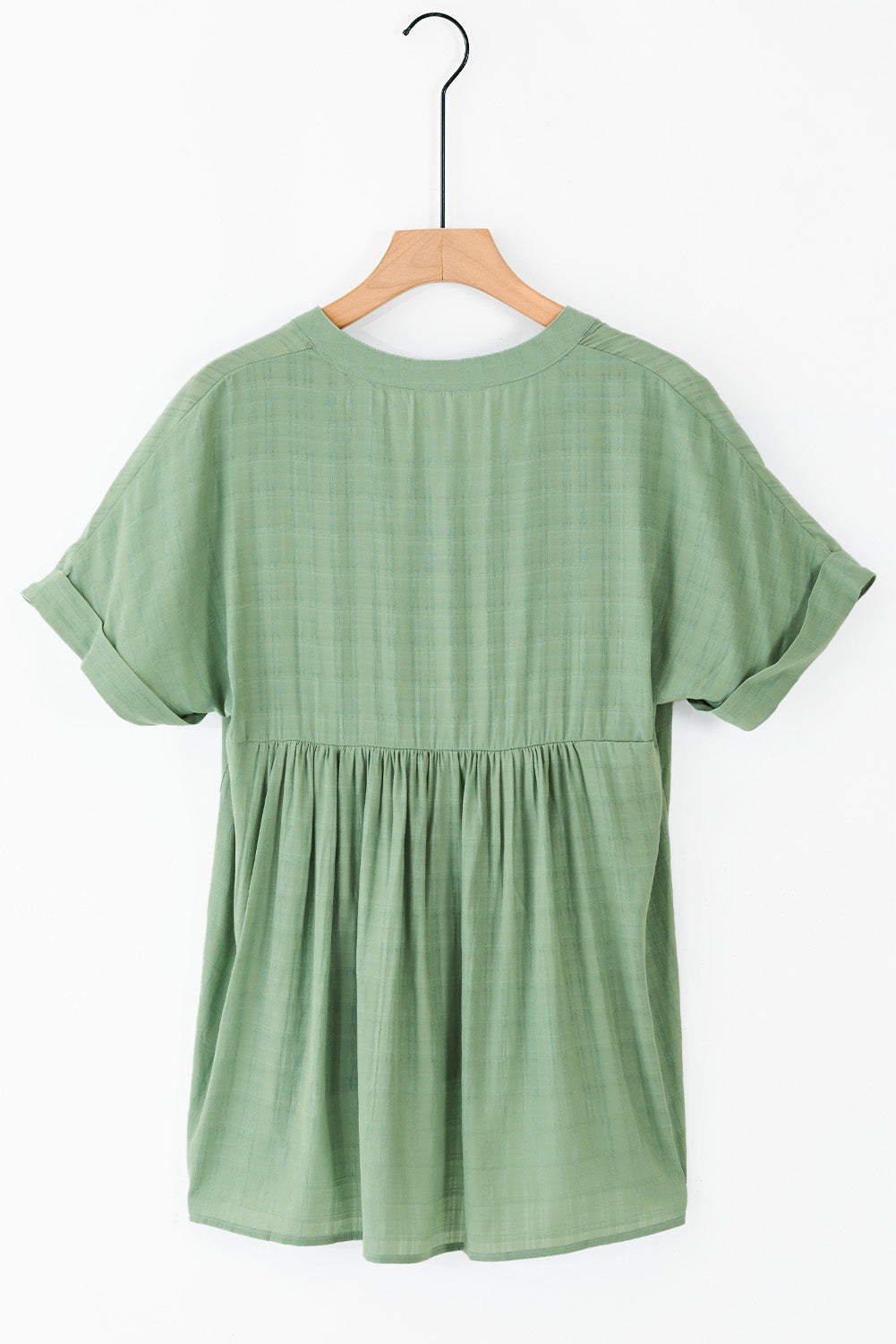 A stylish white plaid print loose V neck short sleeve shirt with slits, showcasing its trendy design and comfortable fit.