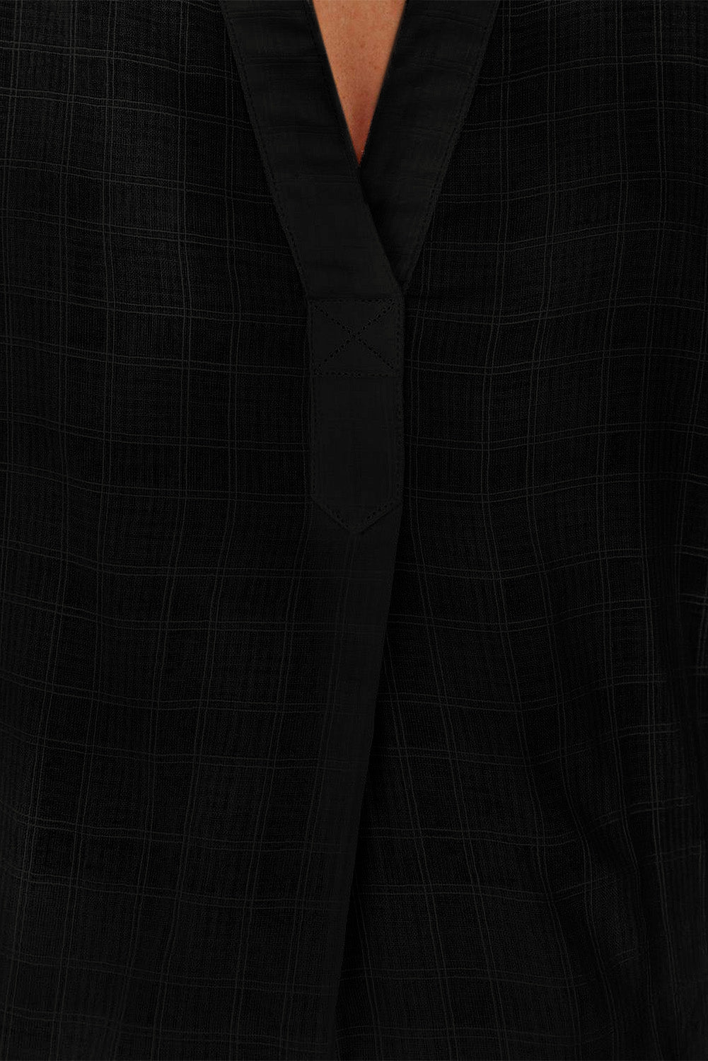 A stylish white plaid print loose V neck short sleeve shirt with slits, showcasing its trendy design and comfortable fit.