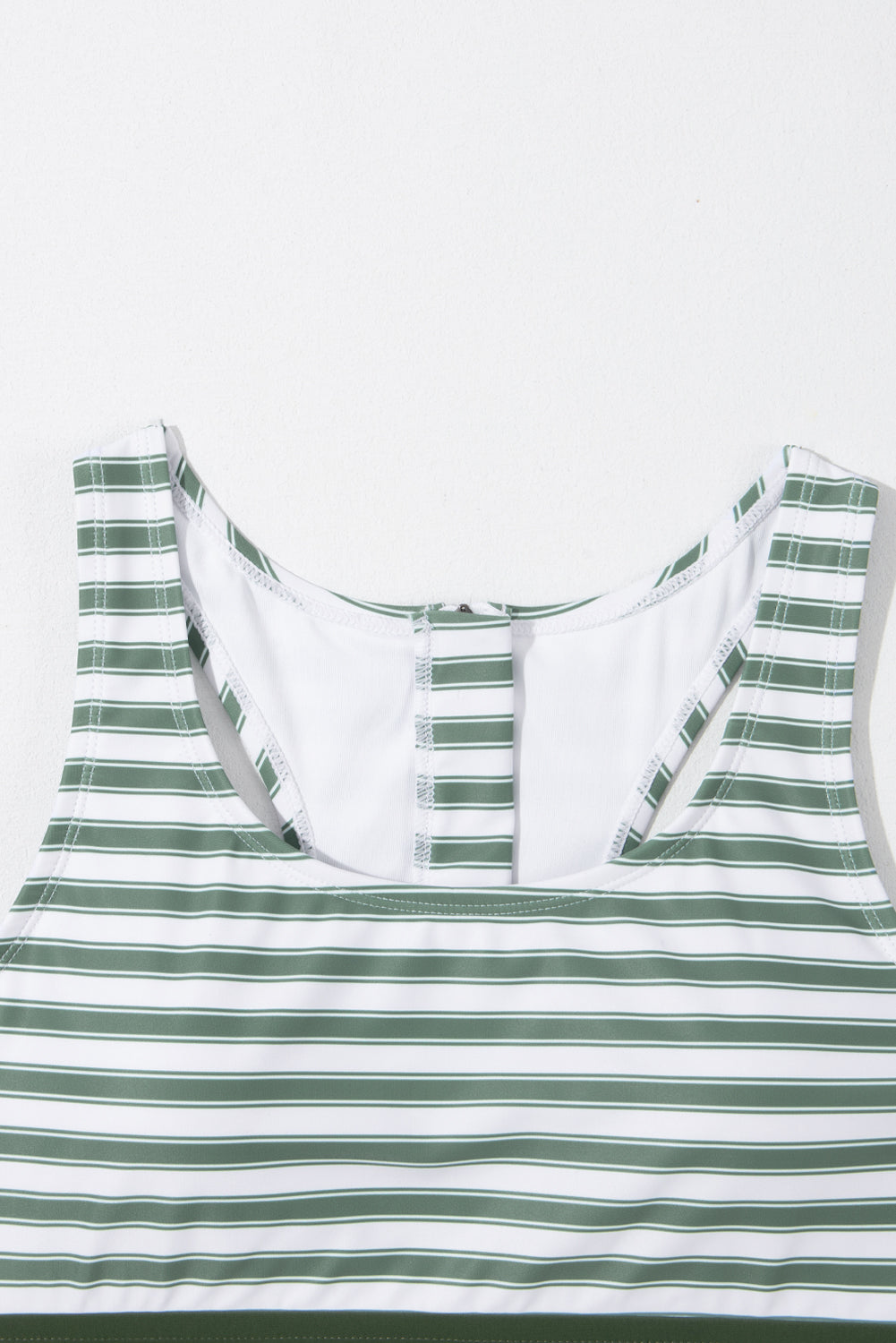 White Stripe Zipped Cut Out Racer Back High Waisted Bikini displayed on a mannequin, showcasing its stylish design and high-waisted fit.