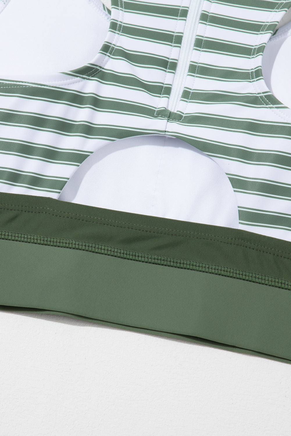 White Stripe Zipped Cut Out Racer Back High Waisted Bikini displayed on a mannequin, showcasing its stylish design and high-waisted fit.