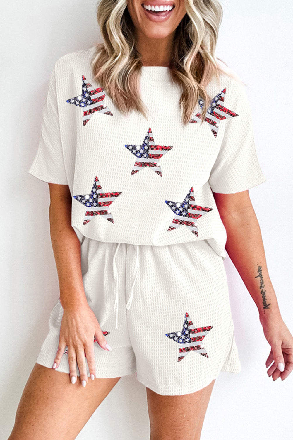 White waffle sequin shorts set featuring an American flag star pattern, perfect for summer wear.