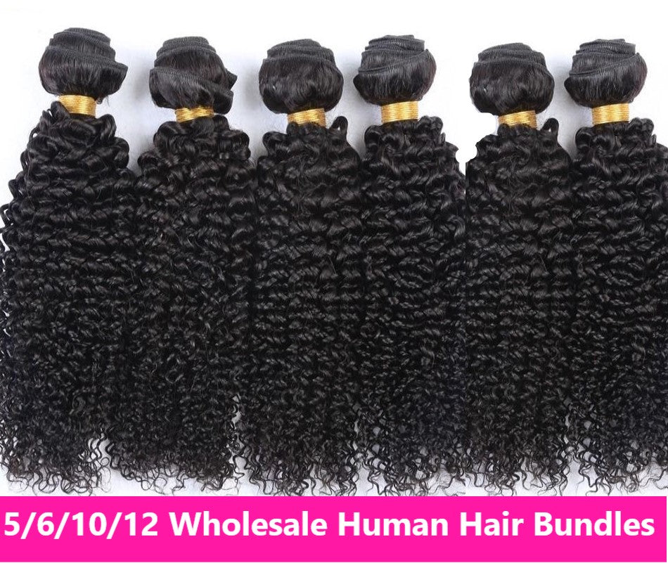 Wholesale bundles of Brazilian Kinky Curly 10A Grade Human Hair, showcasing natural color and texture.