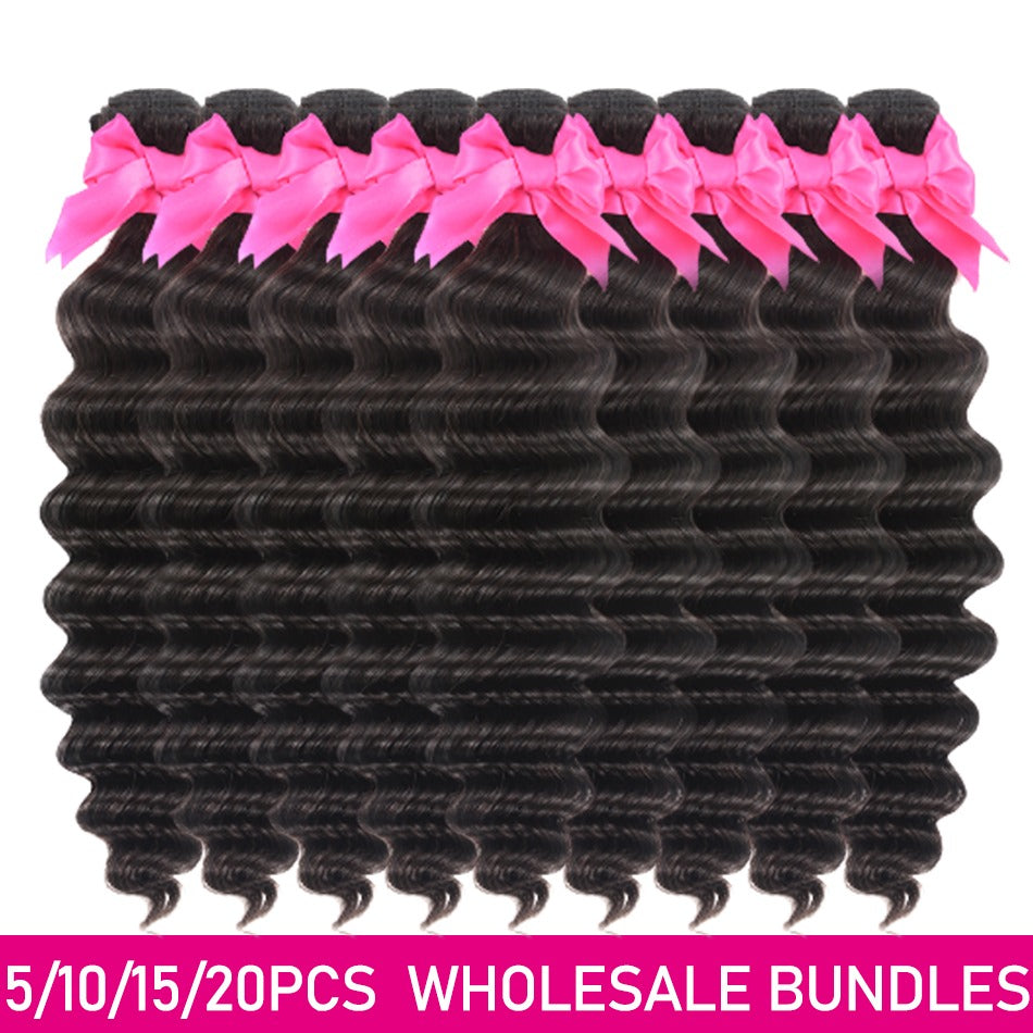 Wholesale Brazilian Loose Deep Wave hair bundles in various weights, showcasing the natural color and texture of 10A grade human hair.