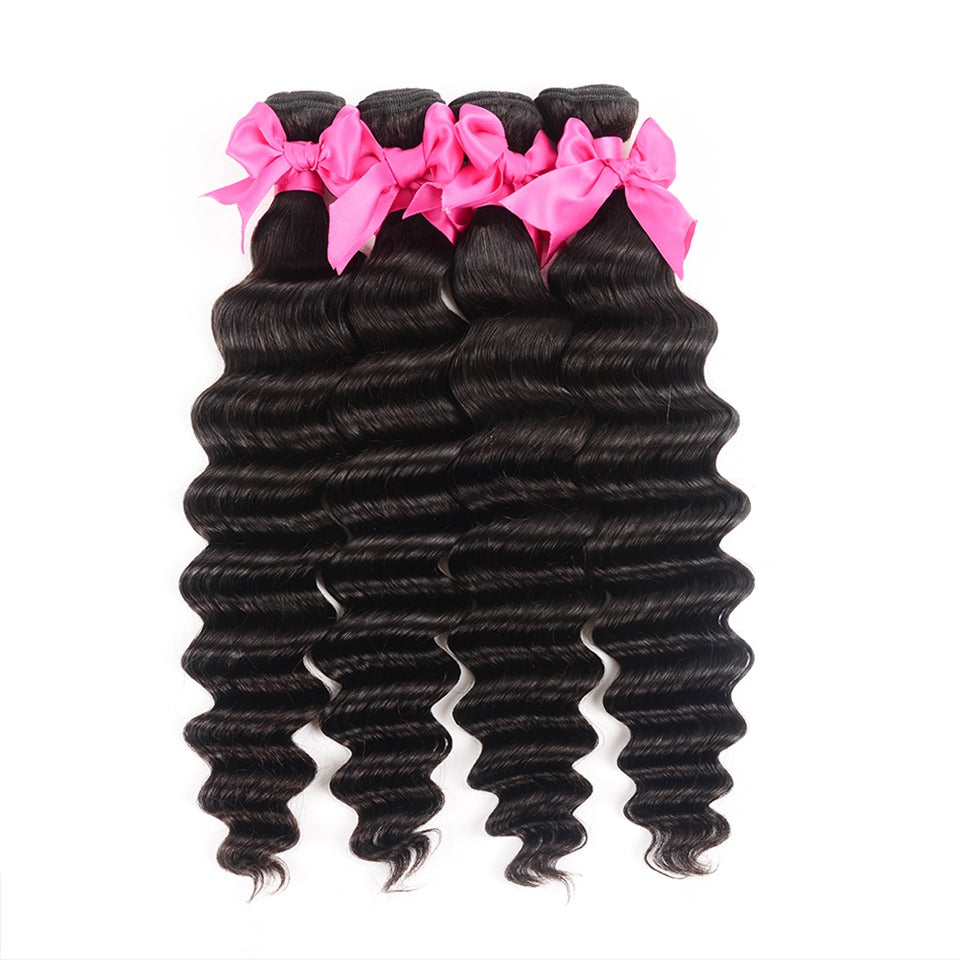 Wholesale Brazilian Loose Deep Wave hair bundles in various weights, showcasing the natural color and texture of 10A grade human hair.