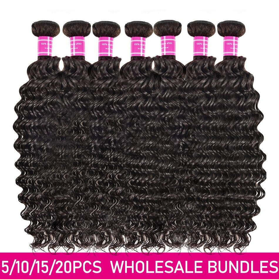 Five bundles of Wholesale Peruvian Deep Wave 10A Grade Human Hair in natural color, showcasing its bouncy texture and healthy ends.