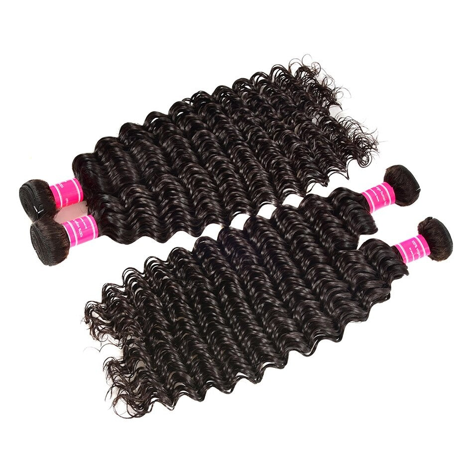 Five bundles of Wholesale Peruvian Deep Wave 10A Grade Human Hair in natural color, showcasing its bouncy texture and healthy ends.