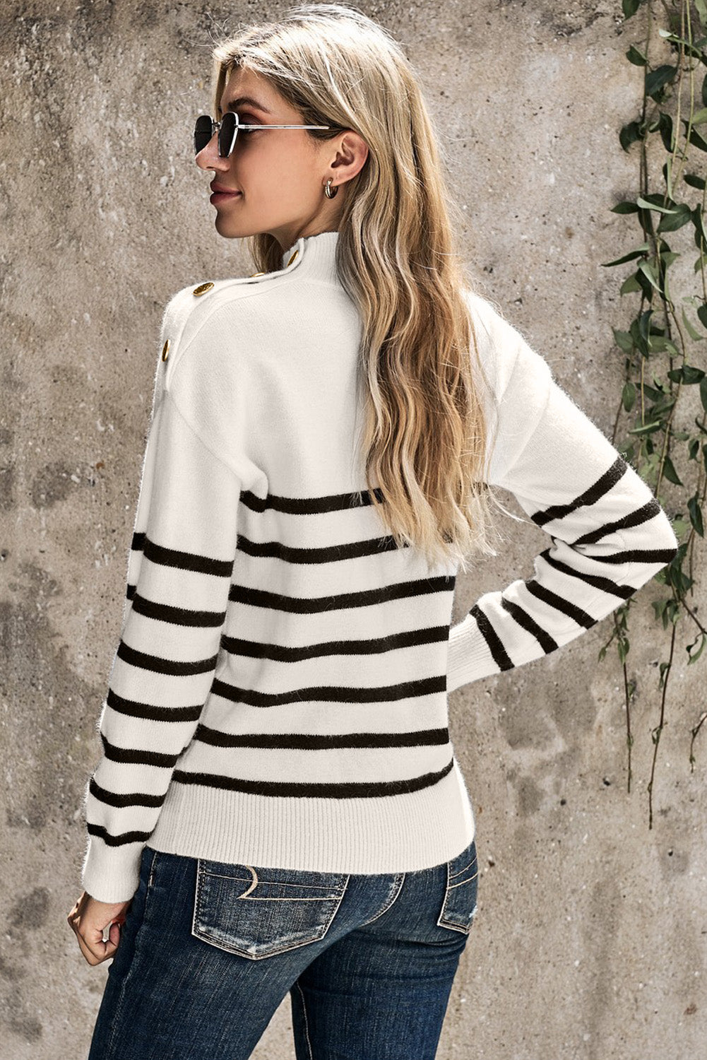 Wine striped turtleneck long sleeve sweater with decorative buttons on shoulders, showcasing ribbed cuffs and hem.