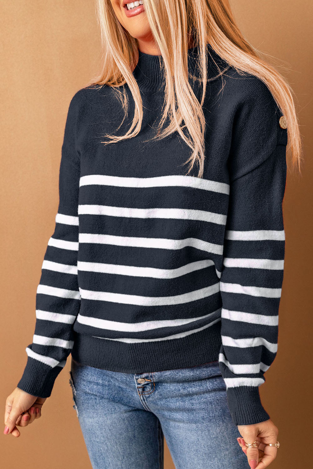 Wine striped turtleneck long sleeve sweater with decorative buttons on shoulders, showcasing ribbed cuffs and hem.