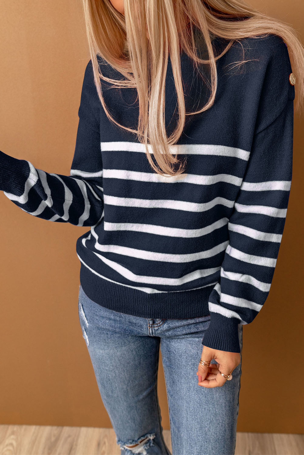 Wine striped turtleneck long sleeve sweater with decorative buttons on shoulders, showcasing ribbed cuffs and hem.