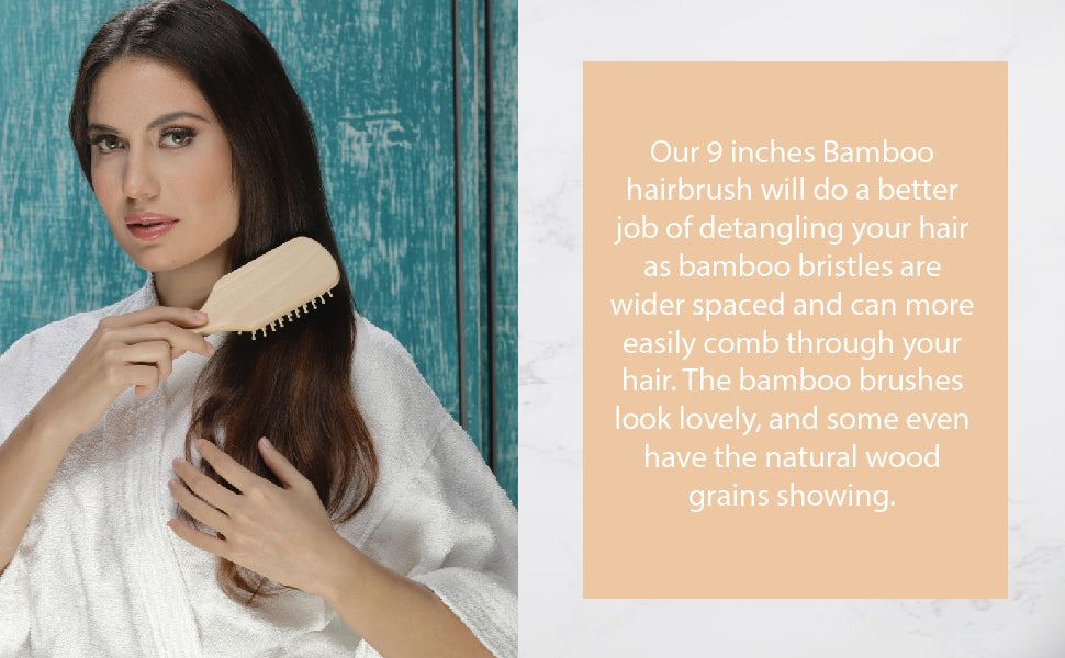 Wooden Detangling Hair Brush with bamboo bristles and natural rubber cushioning, designed for smooth and healthy hair.