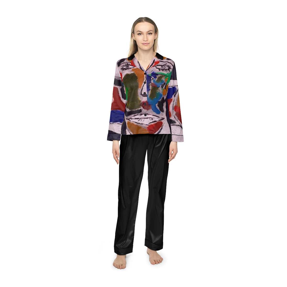 A pair of women's satin pajamas featuring a soft fabric blend, customizable design, notch lapel collar, and drawstring waist in a stylish setting.