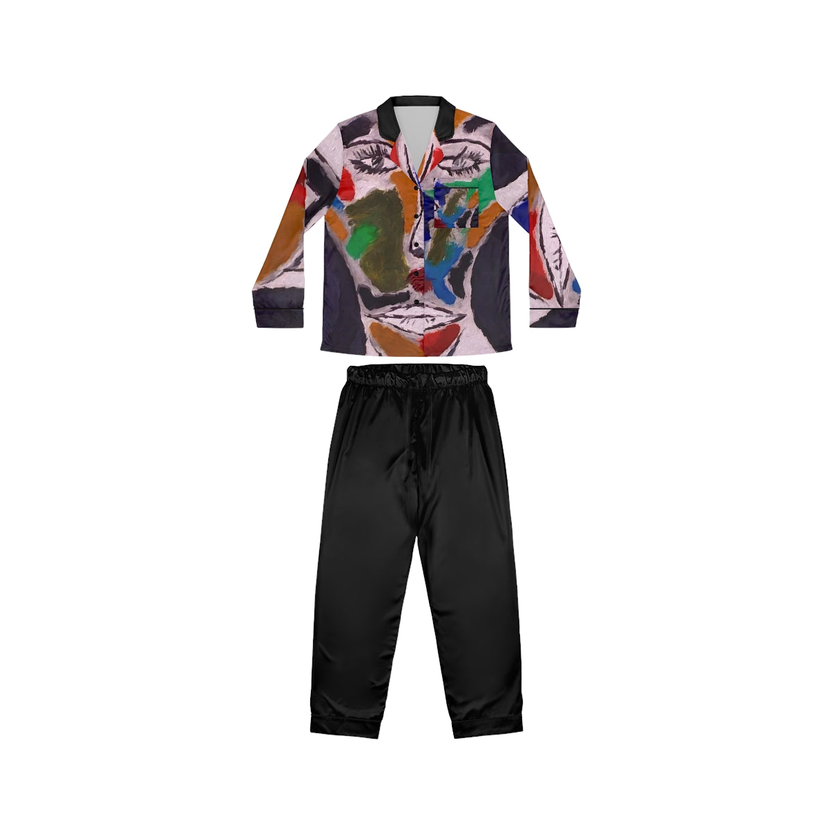 A pair of women's satin pajamas featuring a soft fabric blend, customizable design, notch lapel collar, and drawstring waist in a stylish setting.