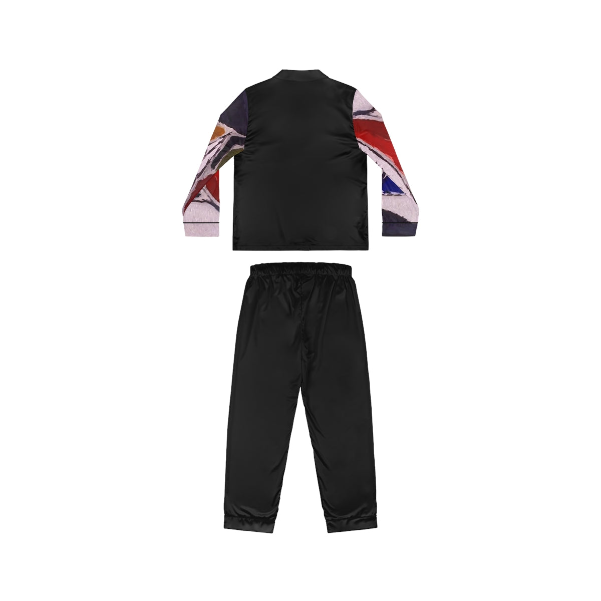 A pair of women's satin pajamas featuring a soft fabric blend, customizable design, notch lapel collar, and drawstring waist in a stylish setting.