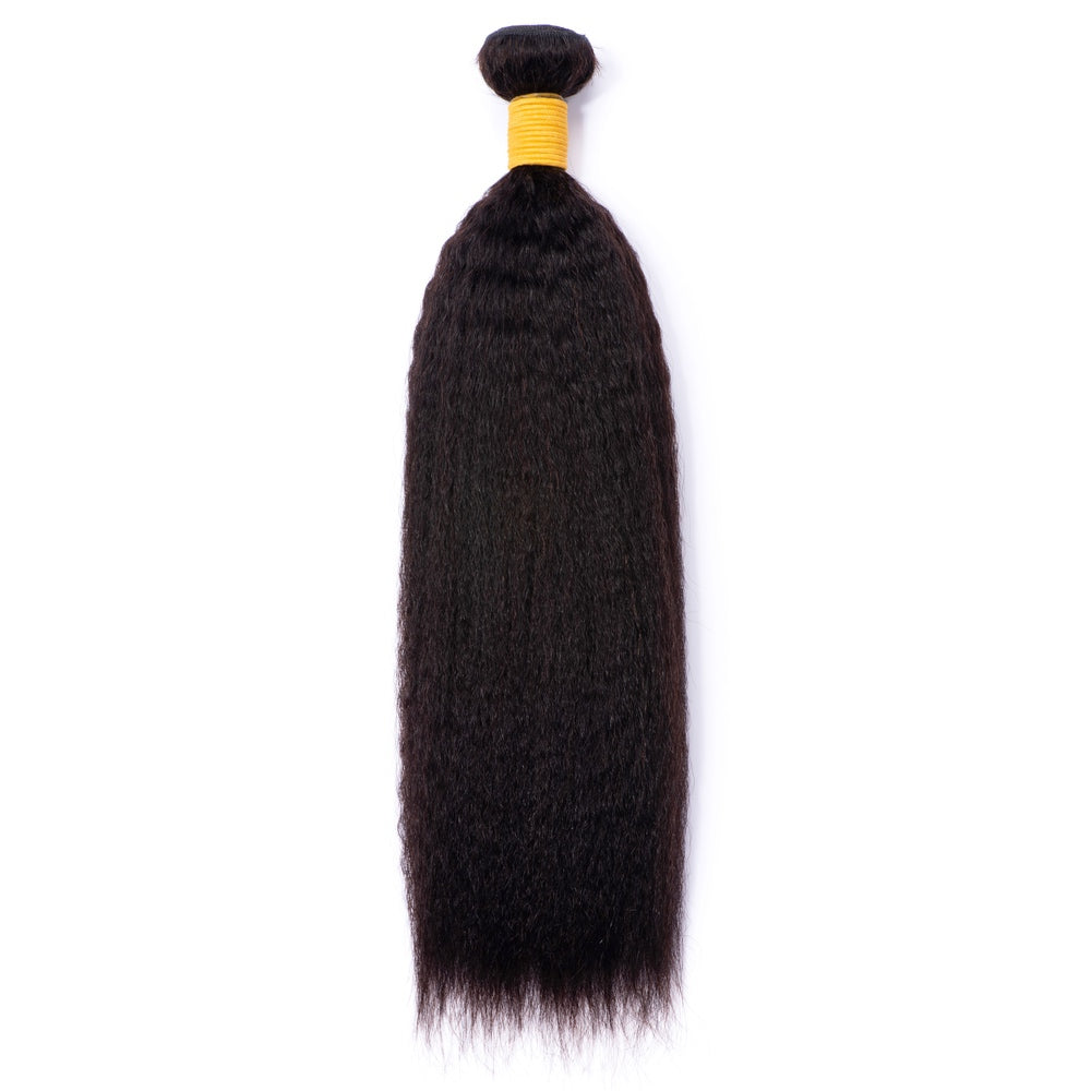 Yaky Texture Kinky Straight Virgin Human Hair Bundles-12A displayed in natural black color, showcasing its soft texture and double machine weft.