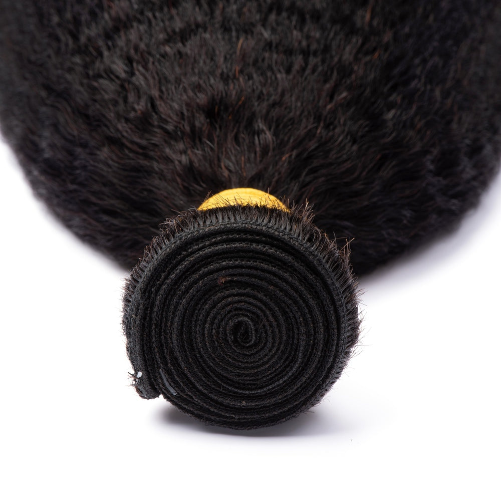 Yaky Texture Kinky Straight Virgin Human Hair Bundles-12A displayed in natural black color, showcasing its soft texture and double machine weft.