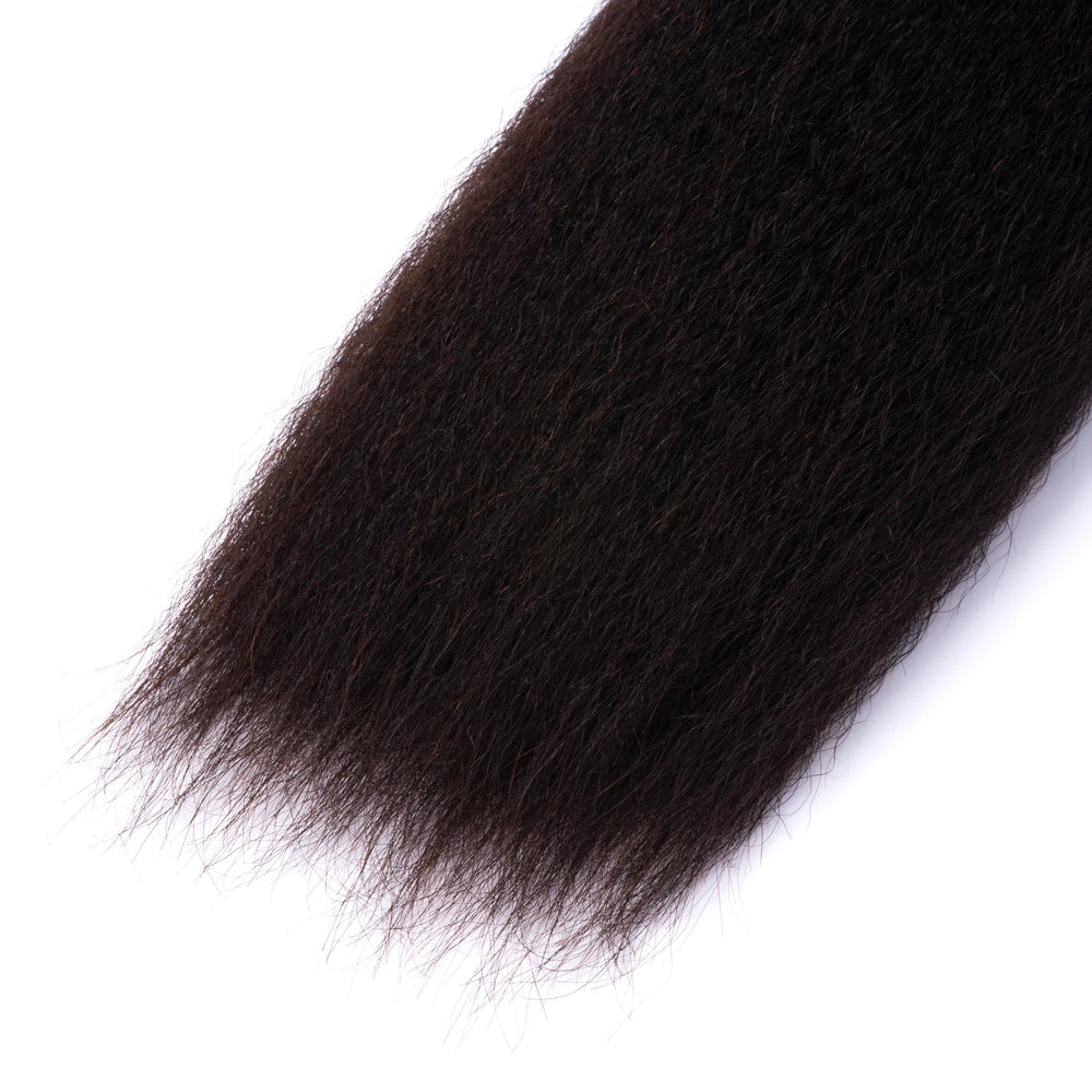 Yaky Texture Kinky Straight Virgin Human Hair Bundles-12A displayed in natural black color, showcasing its soft texture and double machine weft.