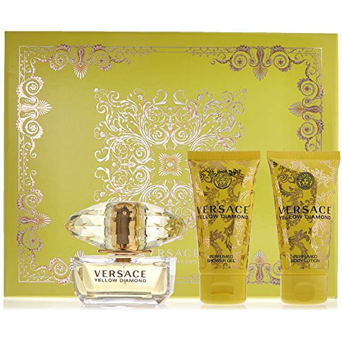 Versace Yellow Diamond Gift Set including 50ml EDT, shower gel, and body lotion in elegant packaging.