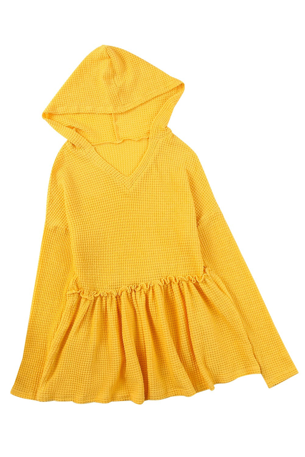 A stylish yellow V neck drop shoulder hooded top with frill detail, showcasing a relaxed fit and long sleeves, perfect for casual wear.