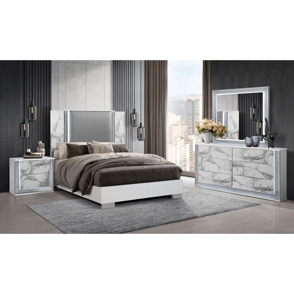 Ylime White Marble Queen Bed Group featuring sleek design, chrome accents, and LED lighting.