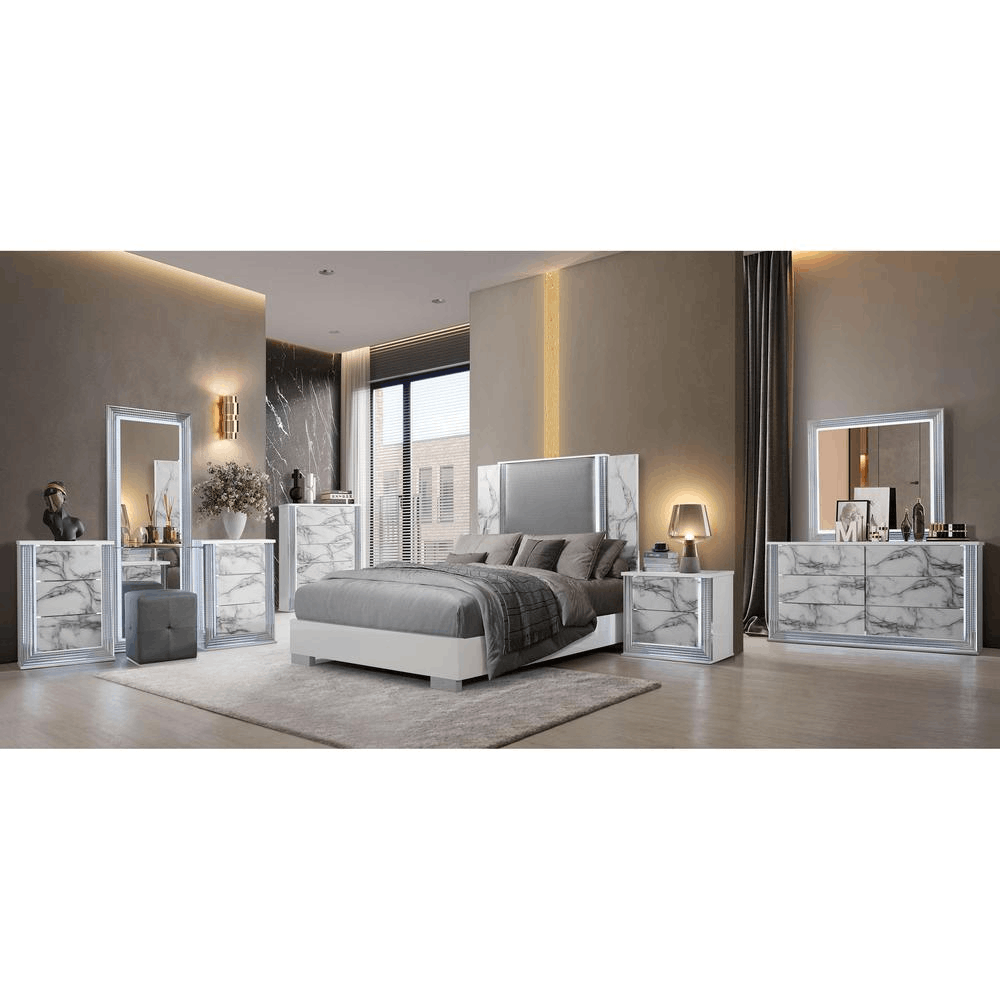 Ylime White Marble Queen Bed Group featuring sleek design, chrome accents, and LED lighting.