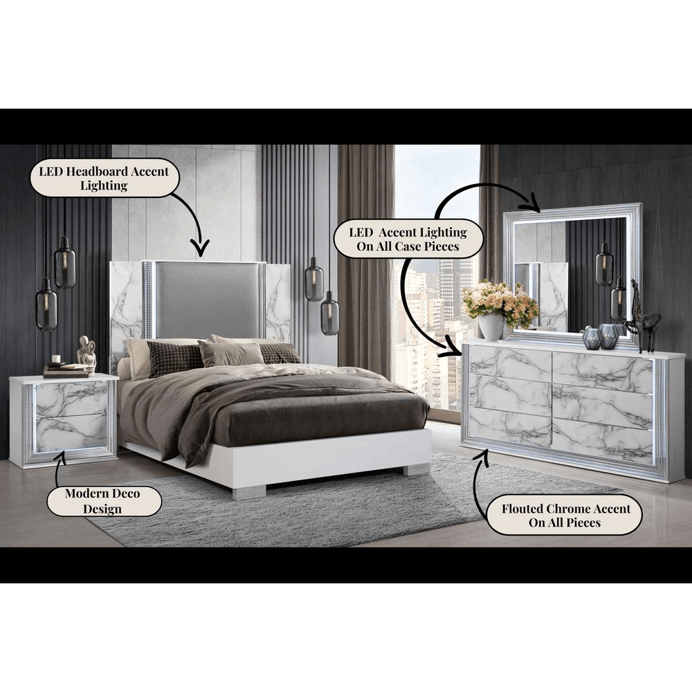 Ylime White Marble Queen Bed Group featuring sleek design, chrome accents, and LED lighting.