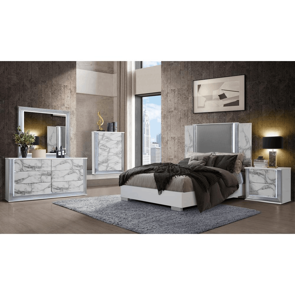 Ylime White Marble Queen Bed Group featuring sleek design, chrome accents, and LED lighting.