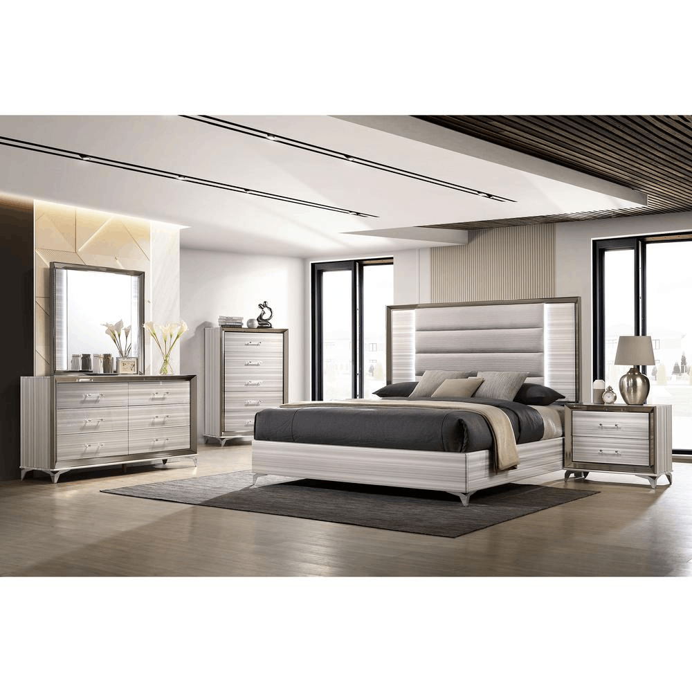 Zambrano White King Bed Group featuring a sleek design, white lacquer finish, and polished chrome accents.